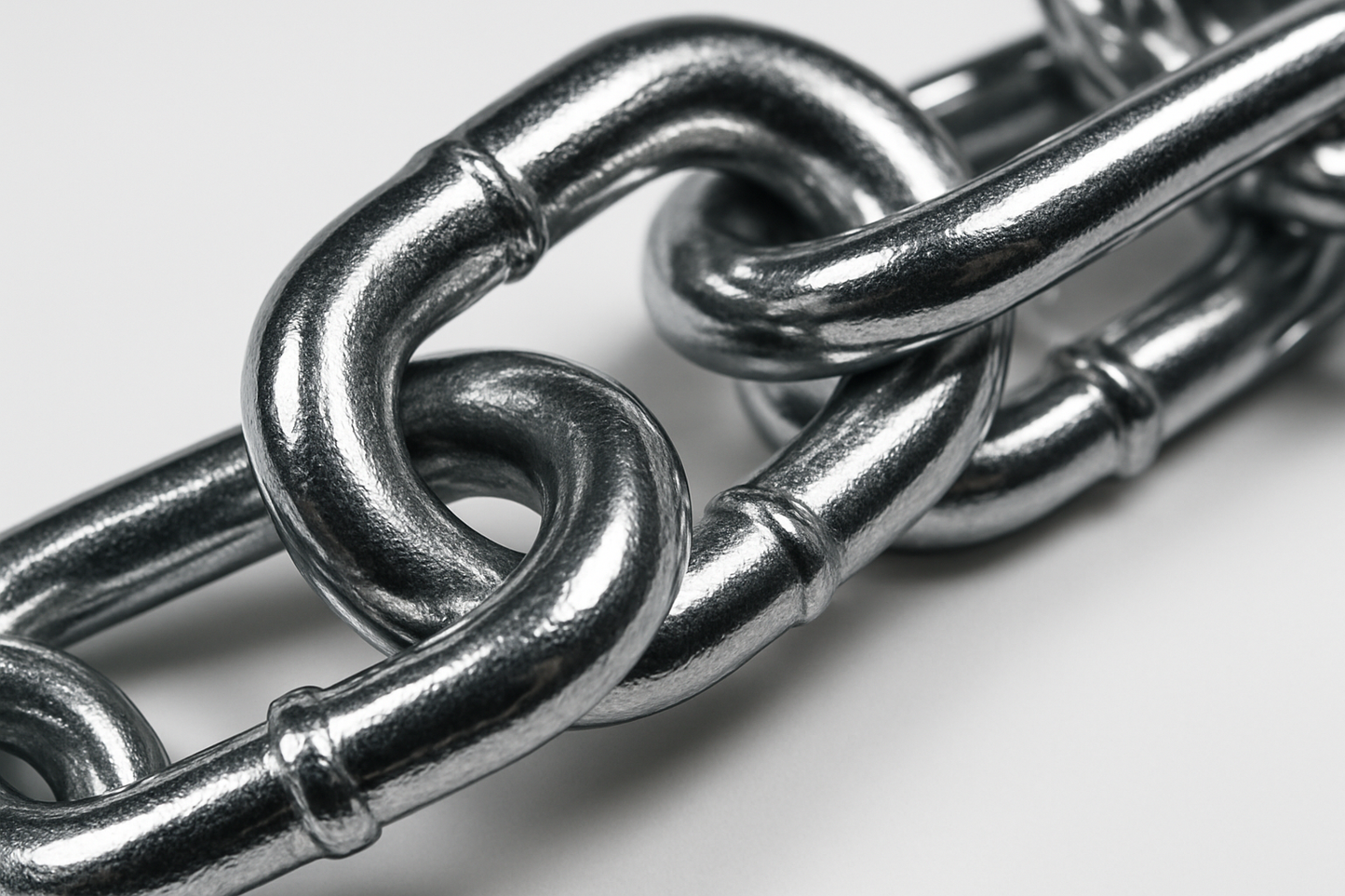 Macro close-up of interlocking steel links of a dog tie-out chain, showing detailed texture, shine, and reflections, isolated on white background, premium look.