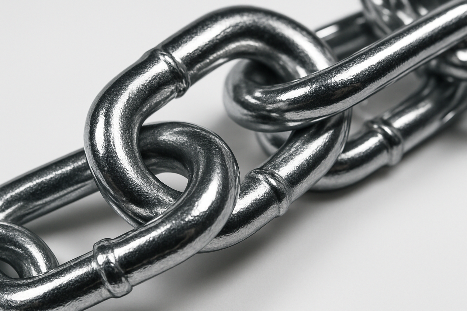Macro close-up of interlocking steel links of a dog tie-out chain, showing detailed texture, shine, and reflections, isolated on white background, premium look.