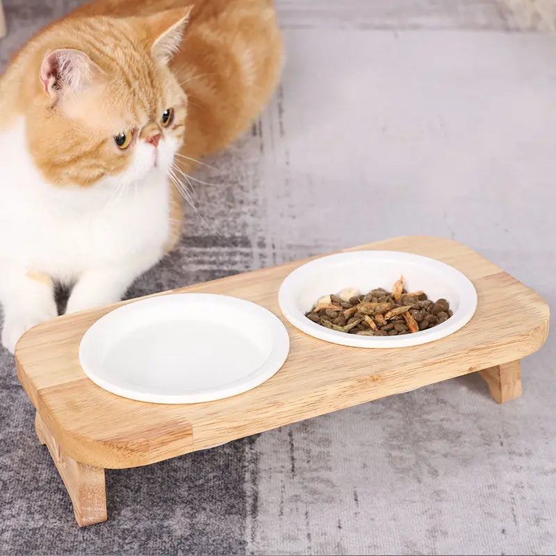 Cat Bowl Ceramic Solid Wood Bowl Rack Cat Food Bowl Cat Rice Bowl Cat Bowl Feeding Tableware Cat Food Basin Pet Supplies