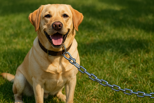 A Labrador dog happily sitting outdoors with a shiny steel tie-out chain attached to its collar, on green grass, sunny lighting, natural shadows, realistic fur details, focus on the chain’s strength and safety.
